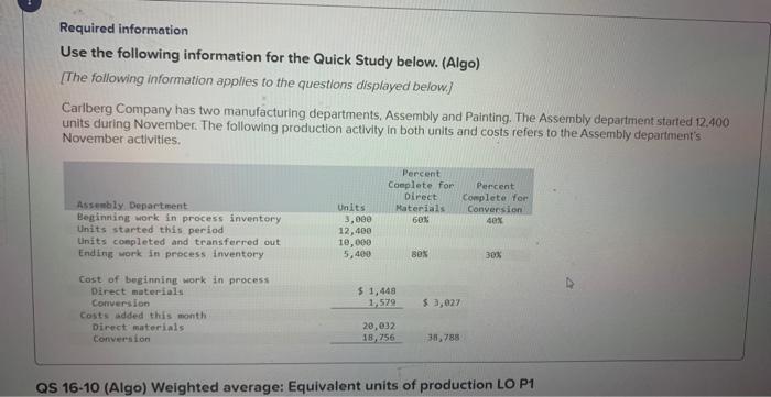  Required information Use the following information for the Quick Study below.