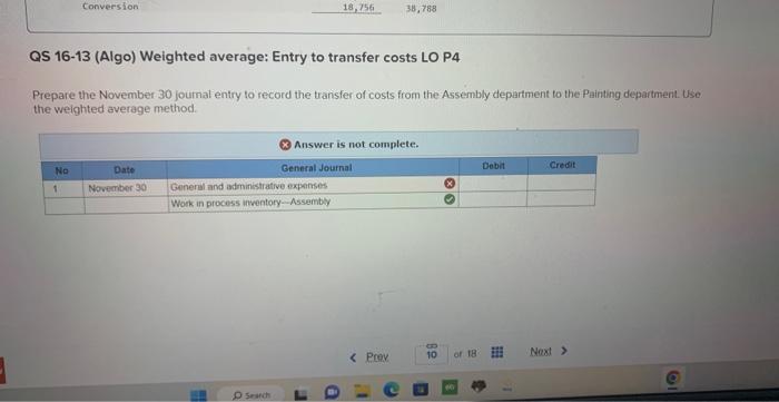 refers to the Assembly department's November actlvities. QS 16-10 (Algo) Weighted average: