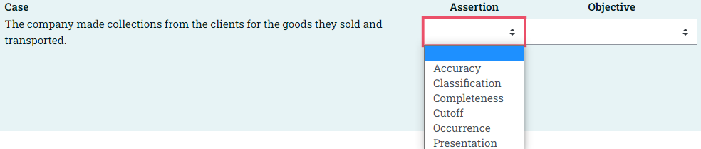 The question needs me to pick a assertion and objective from