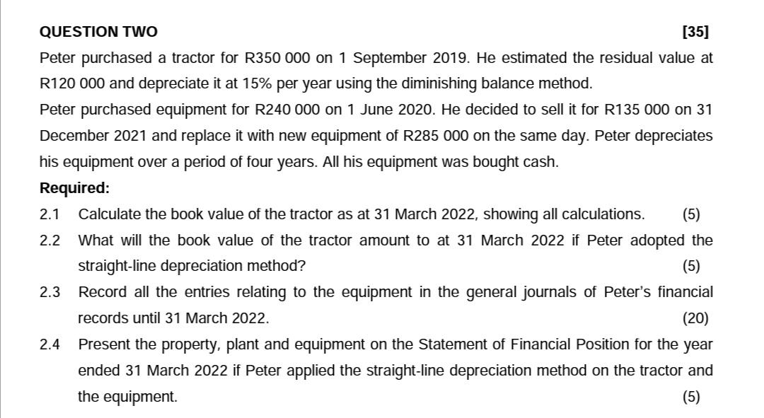  QUESTION TWO [35] Peter purchased a tractor for R350 000 on