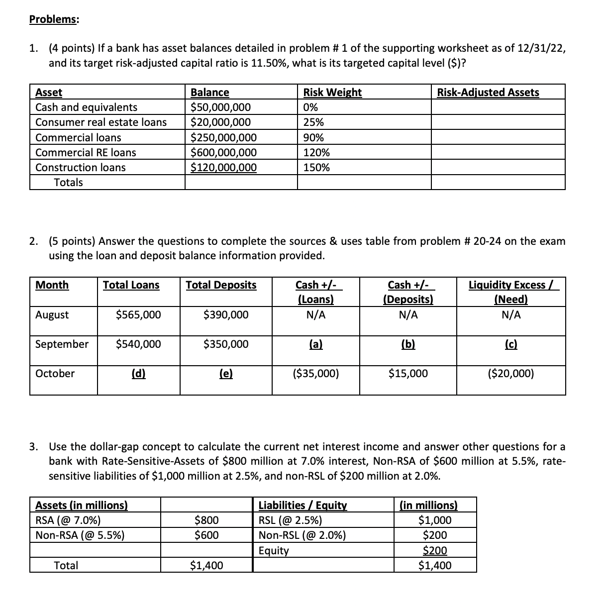  Problems: (4 points) If a bank has asset balances detailed in