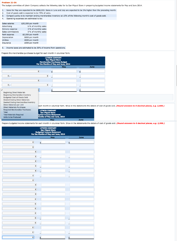  drop down choice for bottom section Problem 21-5A The budget commi