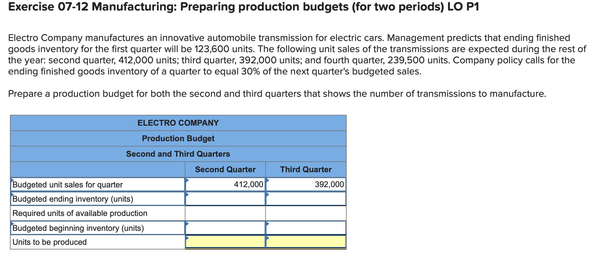  Exercise 07-12 Manufacturing: Preparing production budgets (for two periods) LO P1