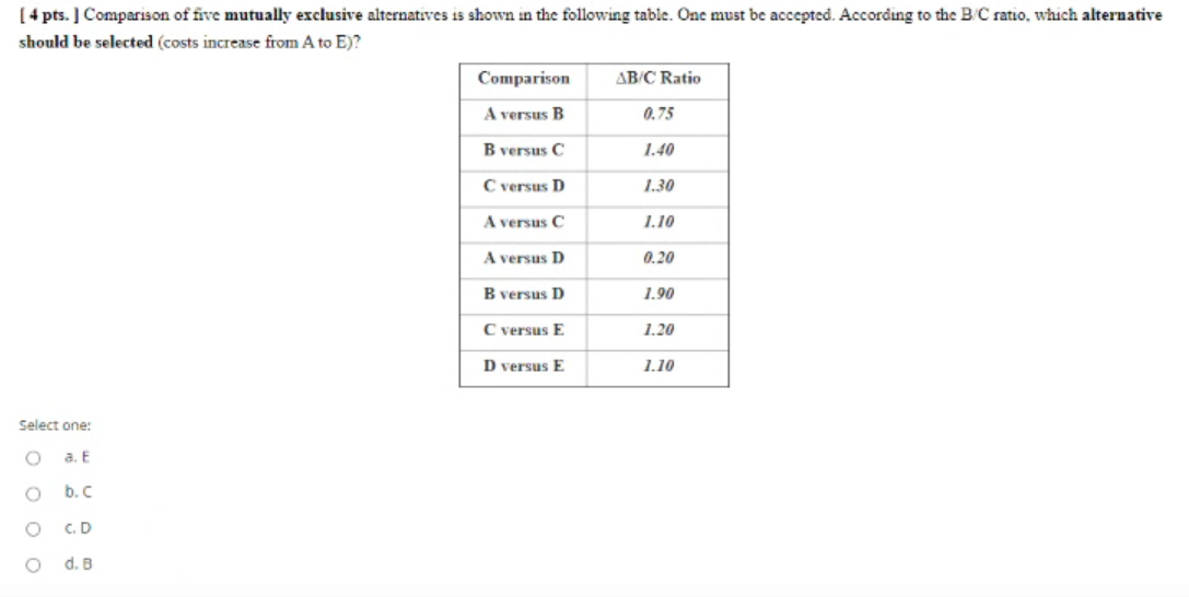  [ 4 pts. ] Comparison of five mutually exclusive alternatives is