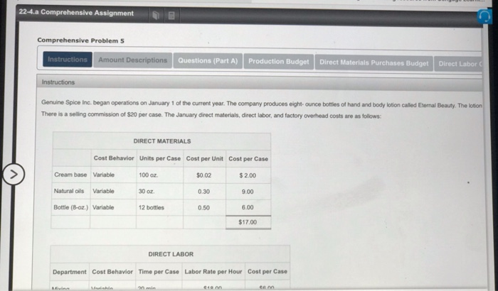 Descriptions Questions (Part A) Production Budget Direct Materi Instructions Genuine Spice Inc.