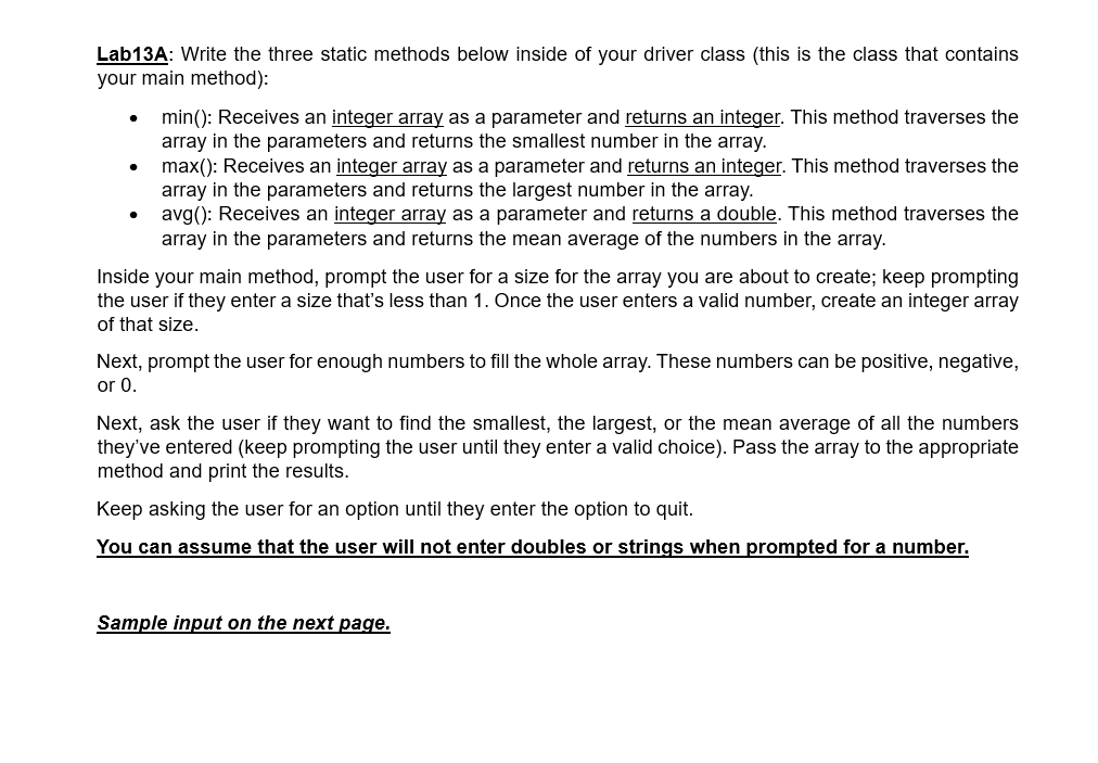  Lab13A: Write the three static methods below inside of your driver