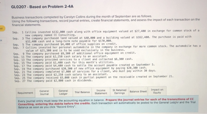  GLO207 - Based on Problem 2-4A ed Business transactions completed by