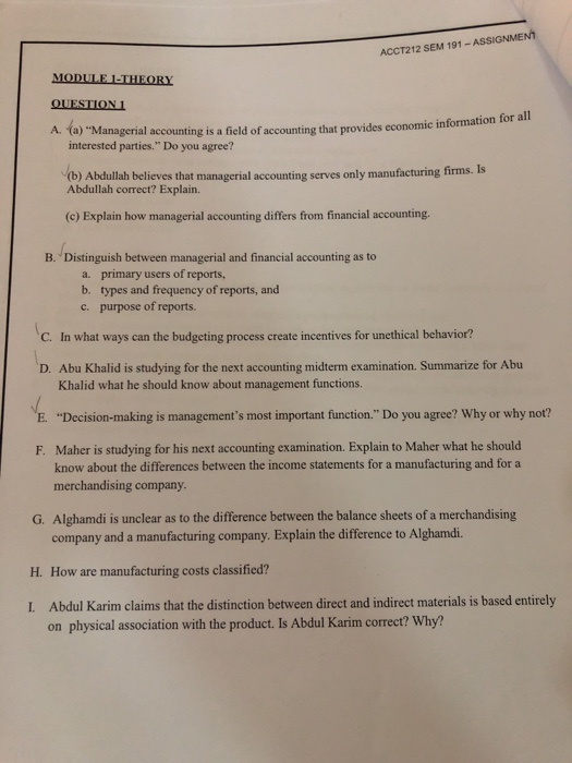  ACCT212 SEM 191 - ASSIGNMENT MODULE THEORY QUESTIONI A. a) "Managerial