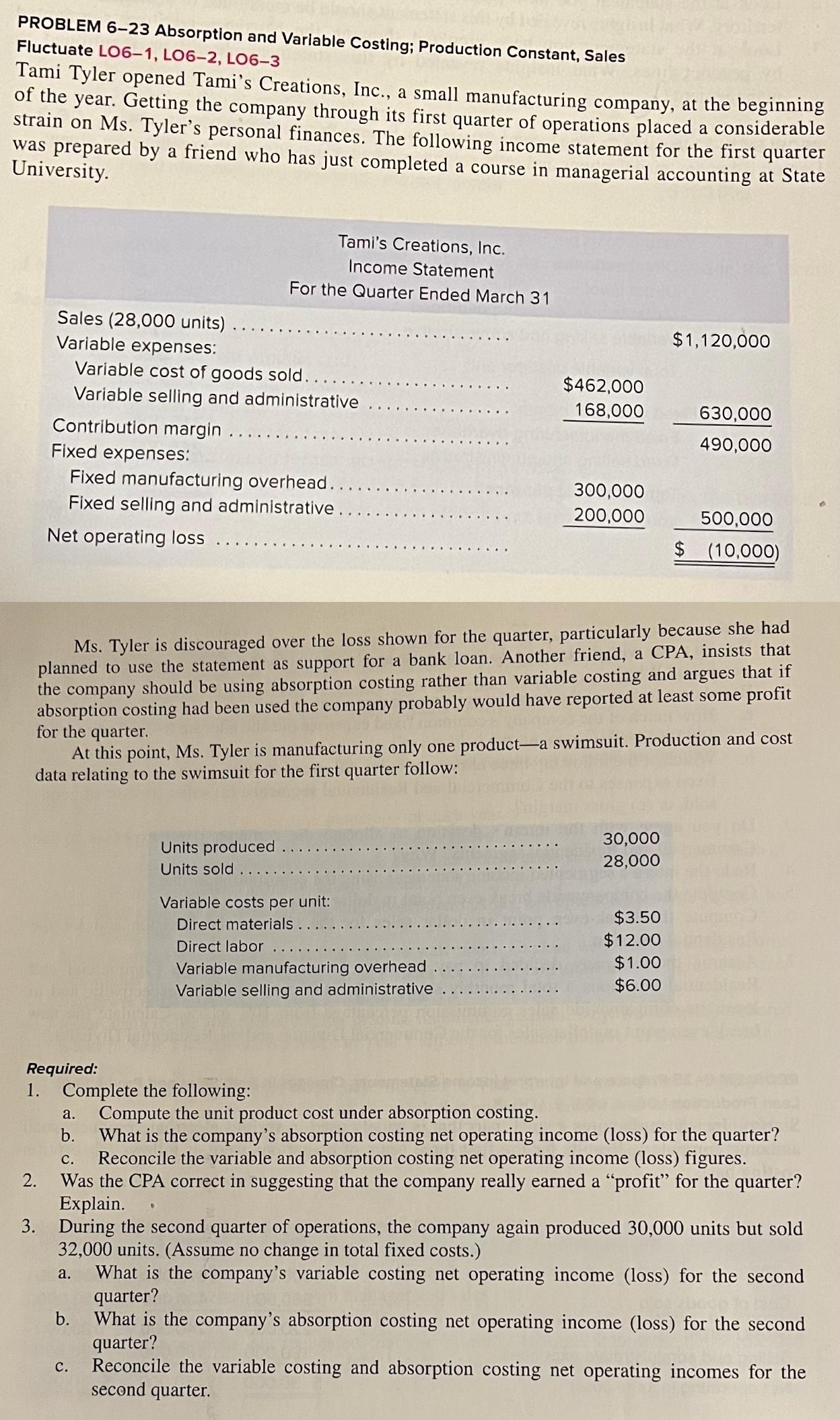  PROBLEM 6-23 Absorption and Variable Costing; Production Constant, Sales Fluctuate LO6-1,