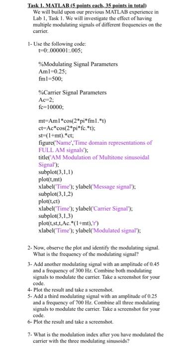 Use MATLAB please with screenshots Task 1. MATI AB (5 points each