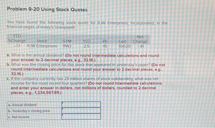  Problem 9-20 Using Stock Quotes You have found the following stock
