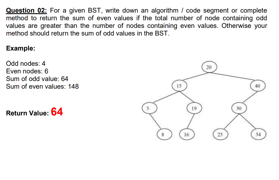 Question 02: For a given BST, write down an algorithm /