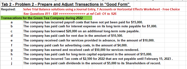  Need Double entries Tab 2 - Problem 2 - Prepare and