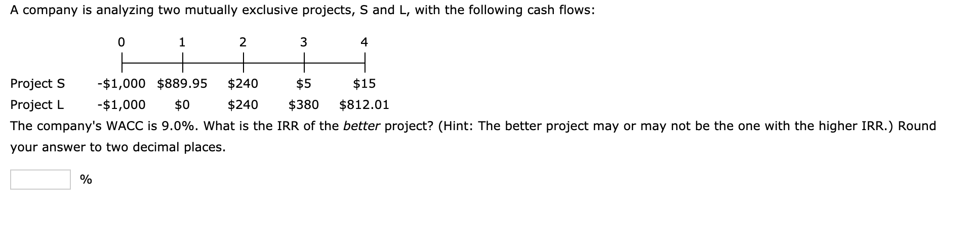  A company is analyzing two mutually exclusive projects, S and L,