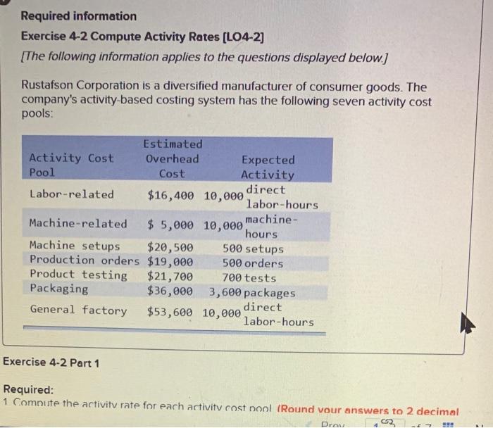  Required information Exercise 4-2 Compute Activity Rates (L04-2) [The following information