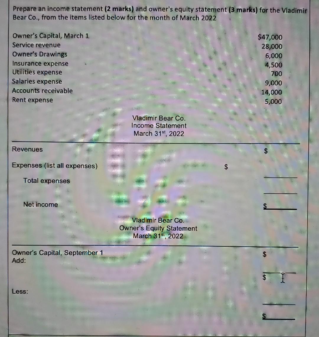 Prepare an income statement (2 marks) and owner's equity statement (3