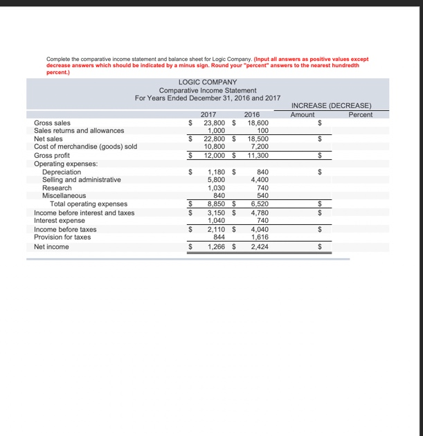 Complete the comparative income statement and balance sheet for Logic Company