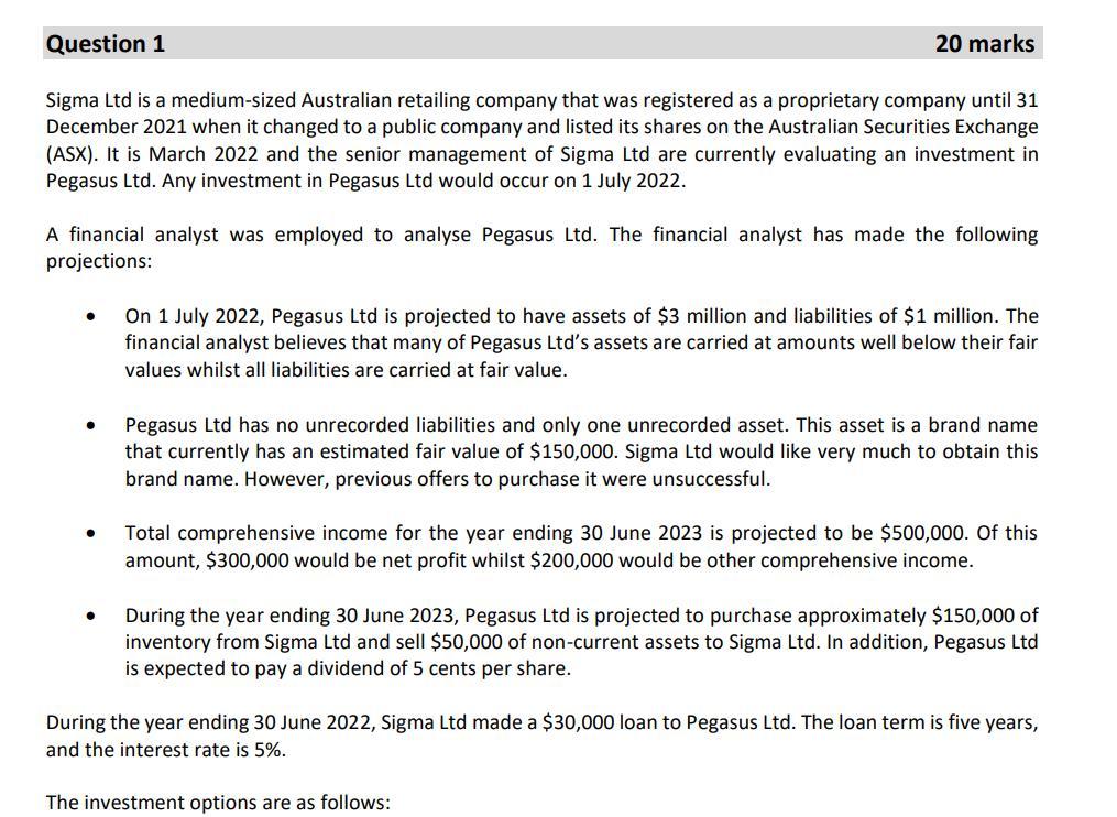  Question 1 20 marks Sigma Ltd is a medium-sized Australian retailing