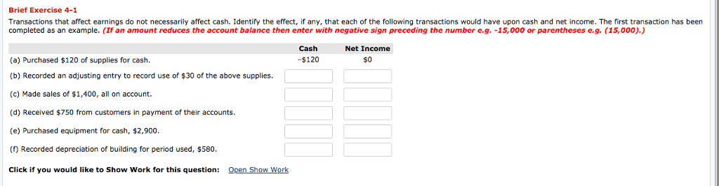 Brief Exercise 4-1 Transactions that affect earnings do not necessarily affect