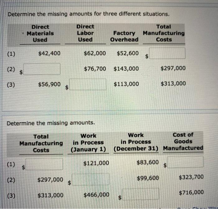  Determine the missing amounts for three different situations. Direct Materials Used