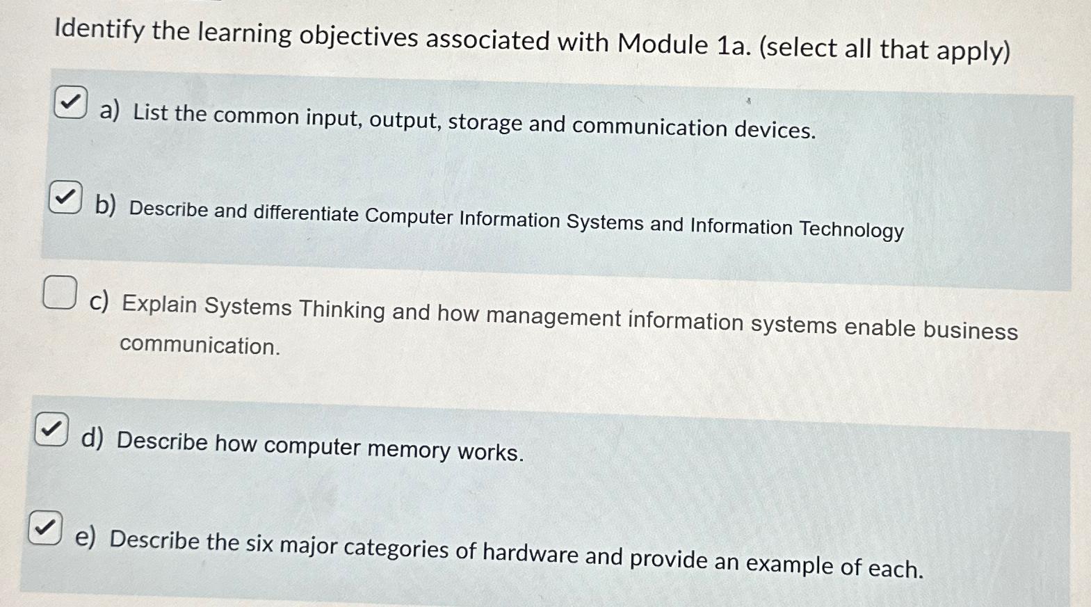  Identify the learning objectives associated with Module 1a.(select all that apply)