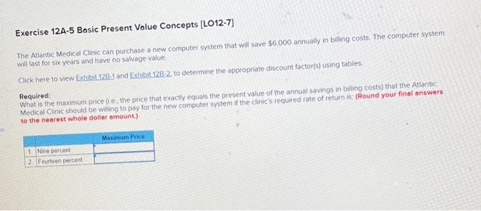  Exercise 12A-5 Basic Present Value Concepts [LO12-7] The Atlantic Medical Clinic