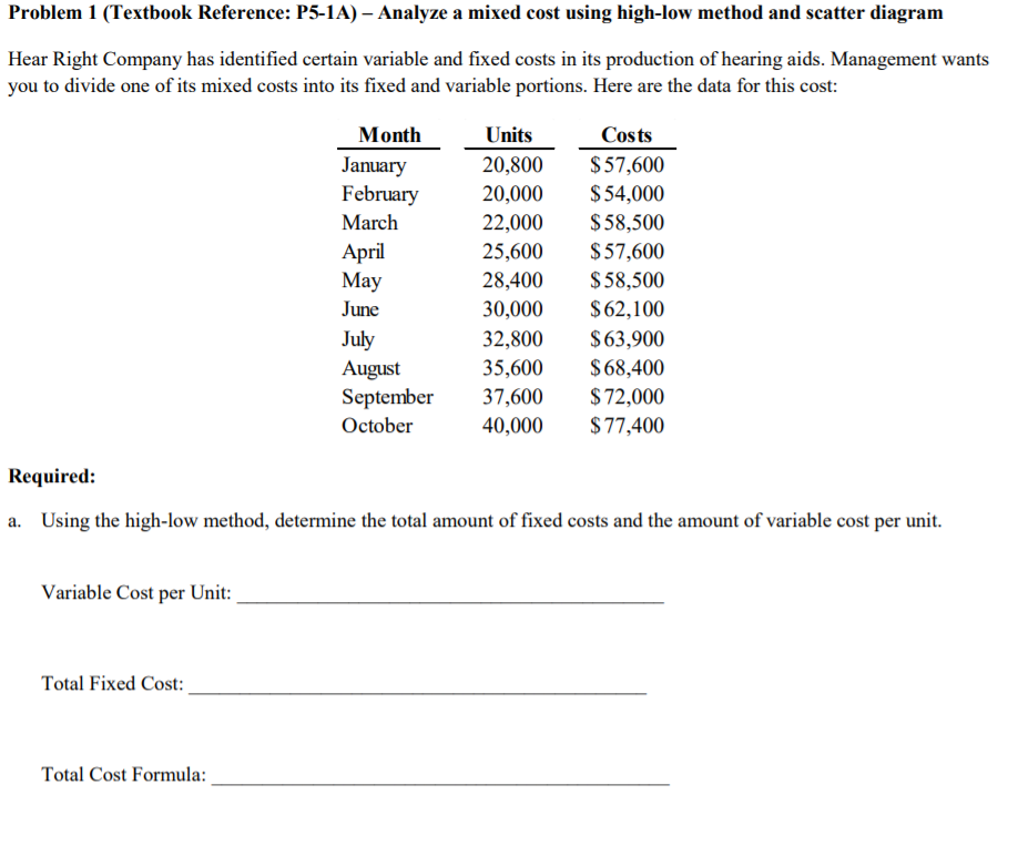  Problem 1 (Textbook Reference: P5-1A) - Analyze a mixed cost using