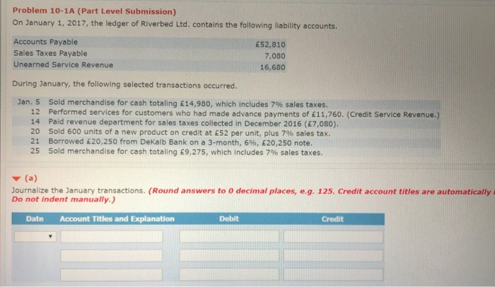  Problem 10-1A (Part Level Submission) On January 1, 2017, the ledger