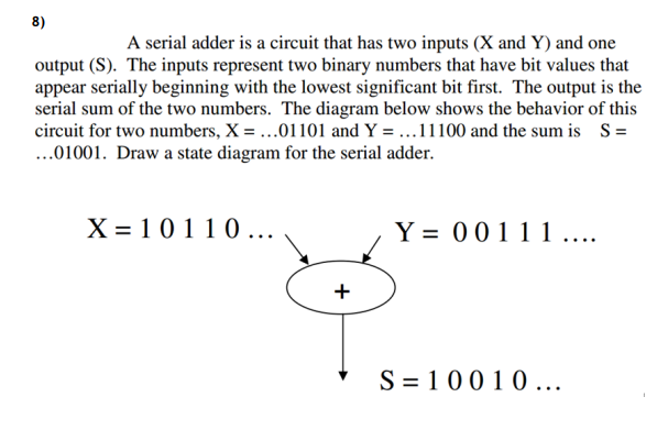 8) A serial adder is a circuit that has two inputs