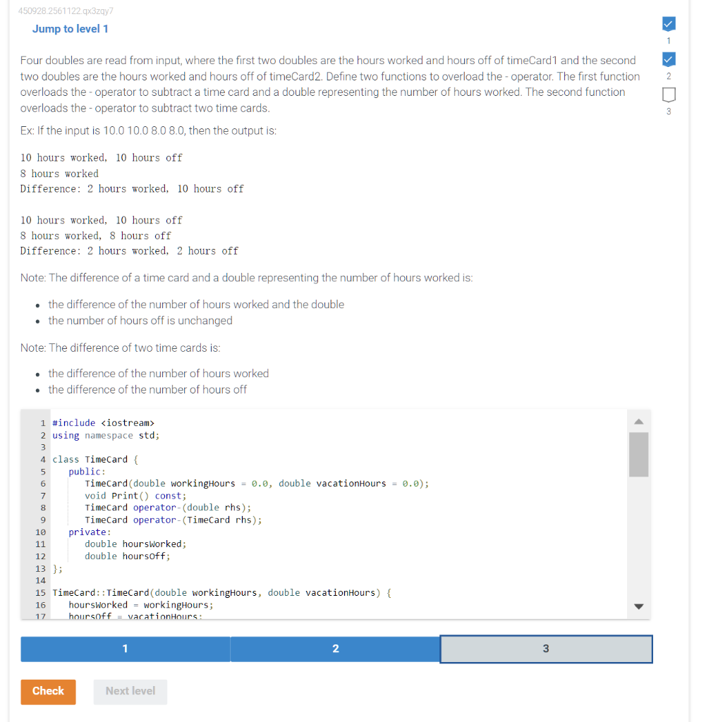  #include using namespace std; class TimeCard { public: TimeCard(double workingHours =