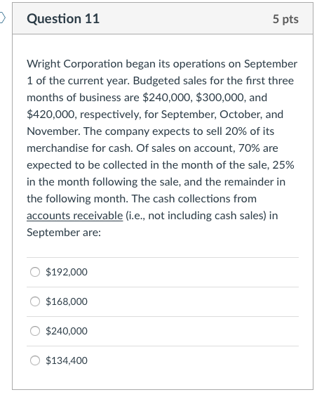 Question 11 5 pts Wright Corporation began its operations on September