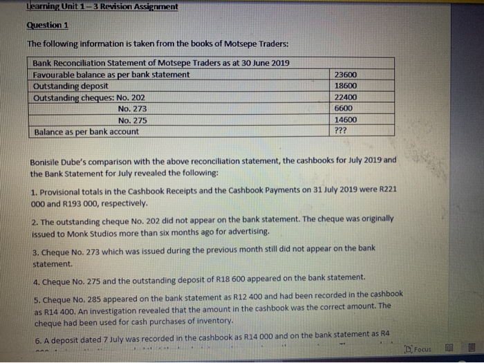  Learning Unit 1-3 Revision Assignment Question 1 The following information is