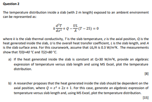  Question 2 The temperature distribution inside a slab (with 2m length)