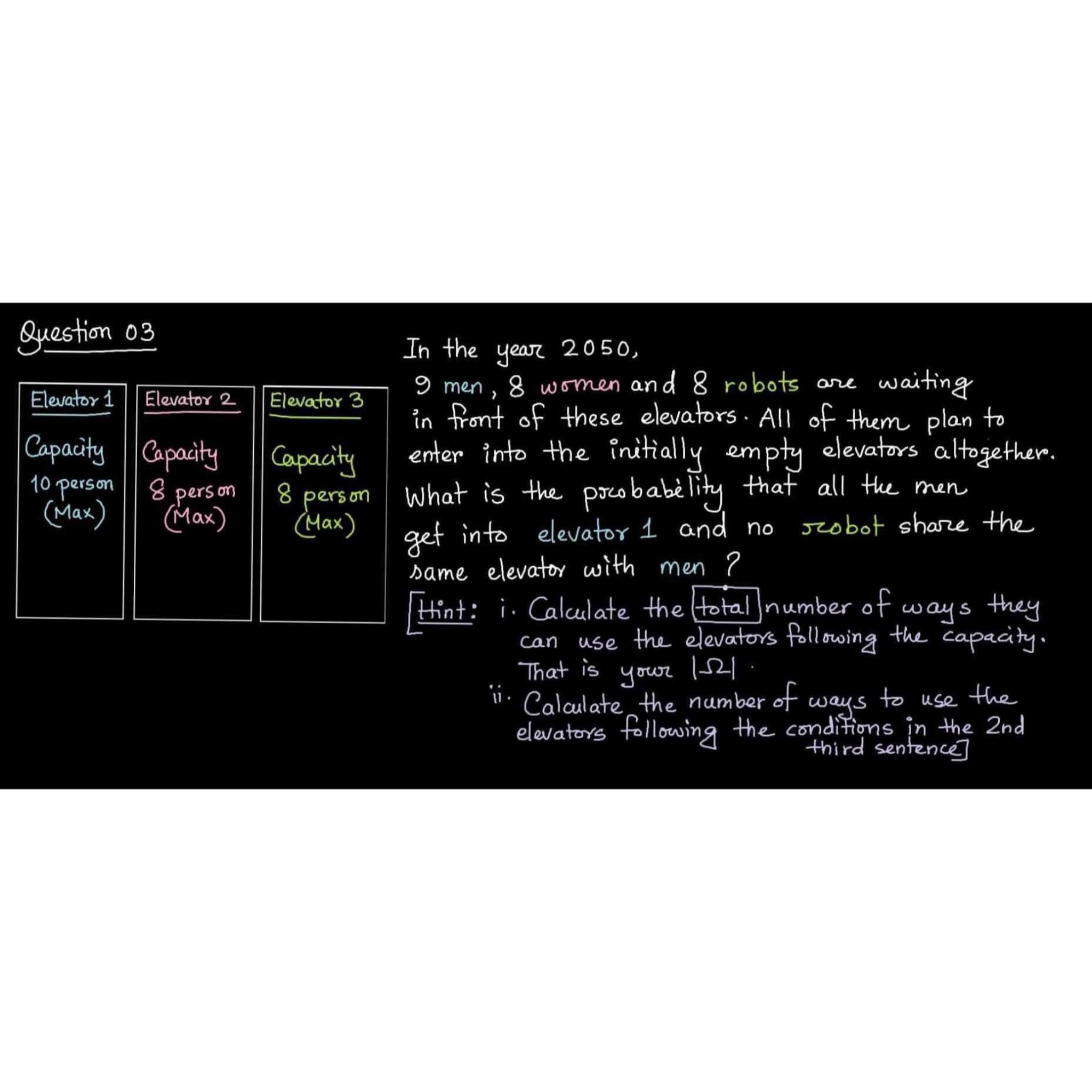  Guestion 03 \table[[\table[[Elevator 1],[Capacity],[10 person],[(Max)]],\table[[Elevator 2],[Capacity]],\table[[Elevator 3],[(Max)]]]] In the year 2050,