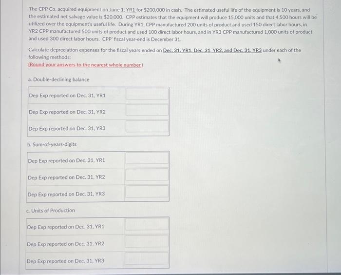  The CPP Co, acquired equipment on June 1. YR1 for $200,000