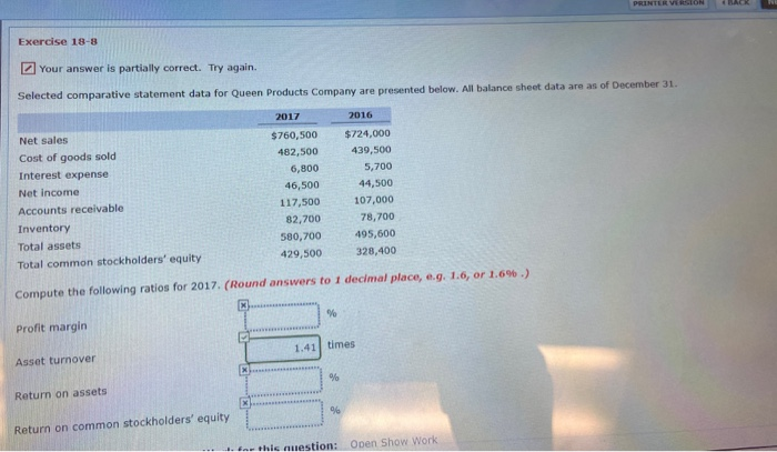  PRINTER VERSION Exercise 18-8 Your answer is partially correct. Try again.