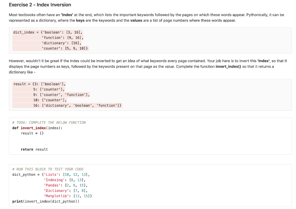 IN PYTHON !! !! Exercise 2 Index Inversion Most textbooks often have