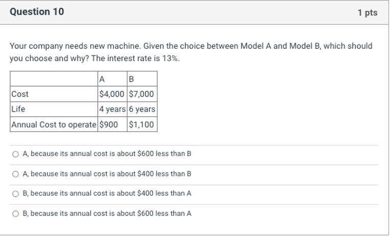  Your company needs new machine. Given the choice between Model A