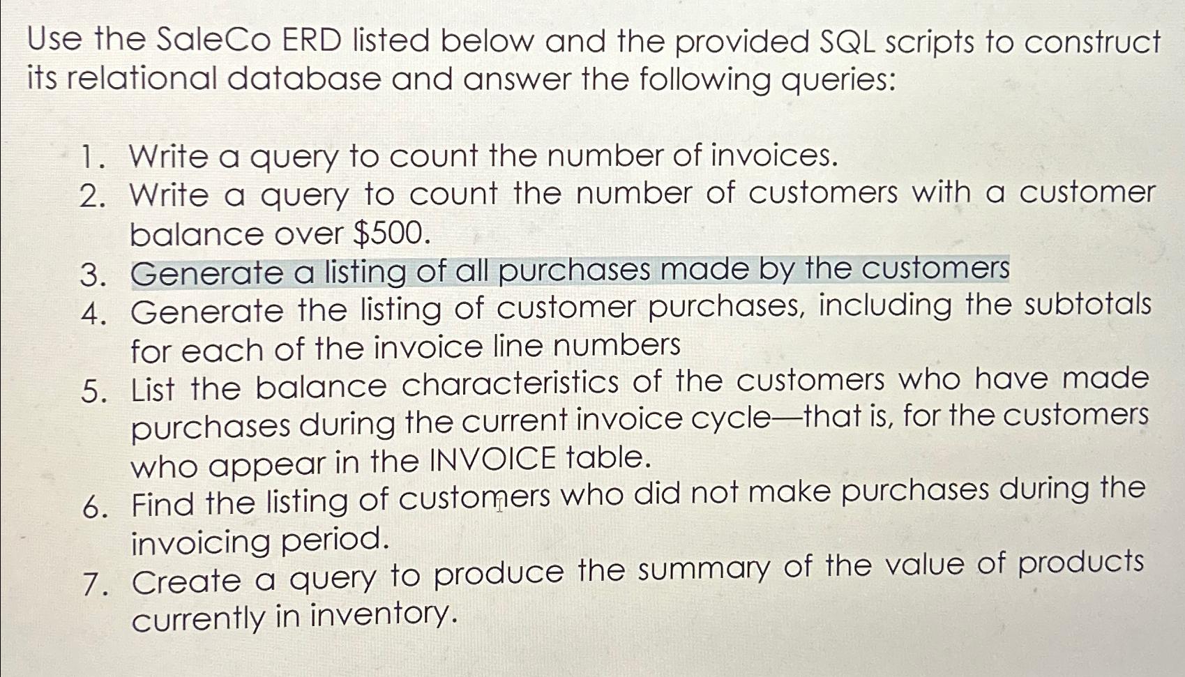  Use the SaleCo ERD listed below and the provided SQL scripts