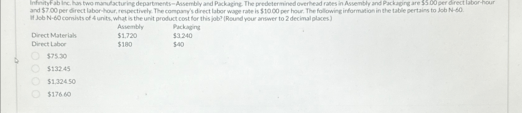  InfinityFab Inc. has two manufacturing departments-Assembly and Packaging. The predetermined overhead