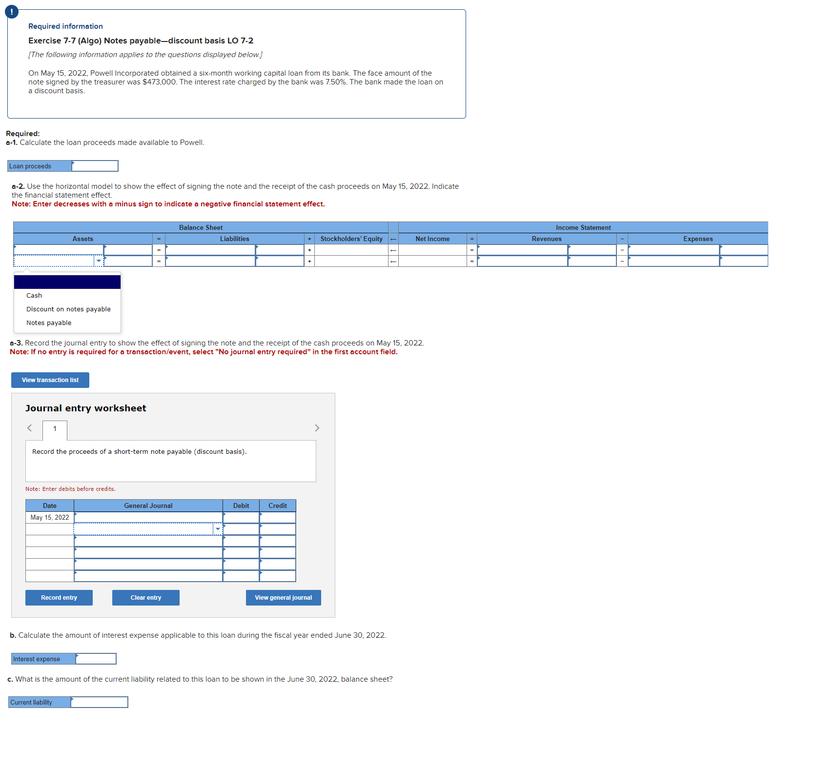  Required information Exercise 7-7 (Algo) Notes payable-discount basis LO 7-2 [The