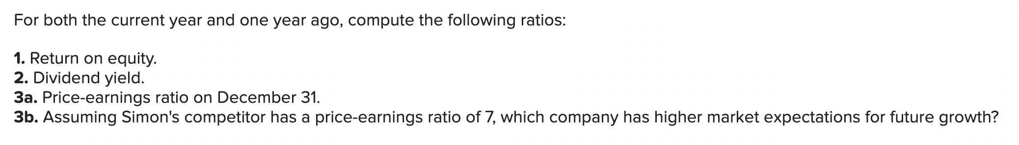 the questions displayed below.) Simon Company's year-end balance sheets follow. Current Year