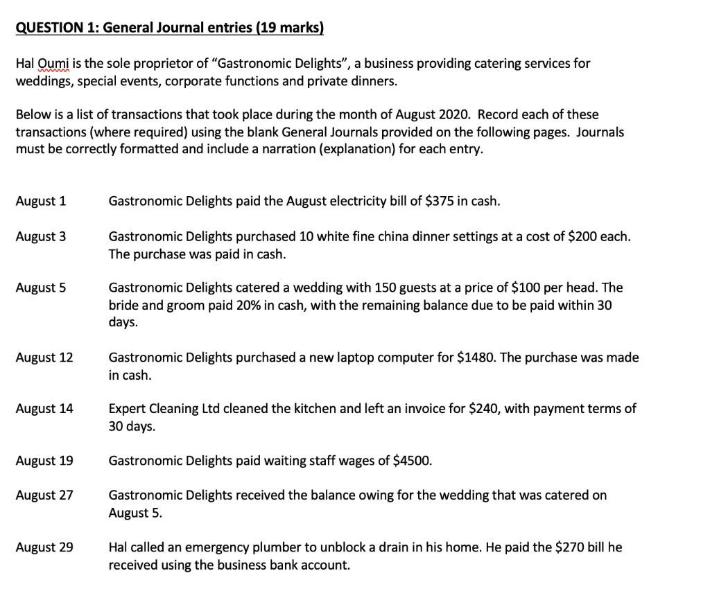 QUESTION 1: General Journal entries (19 marks) Hal Oumi is the