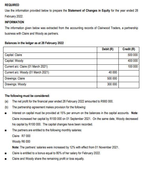 REQUIRED Use the information provided below to prepare the Statement of