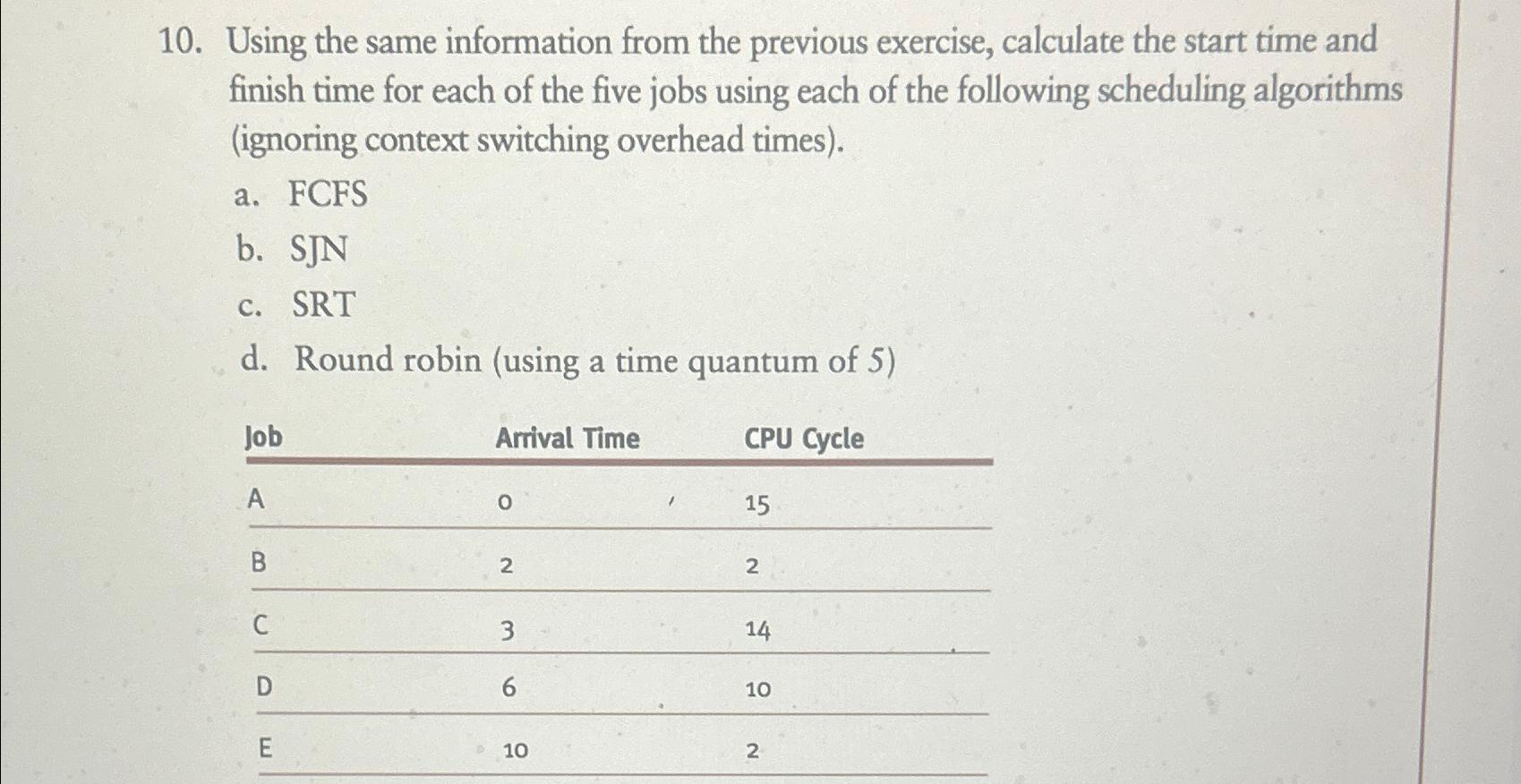  Using the same information from the previous exercise, calculate the start