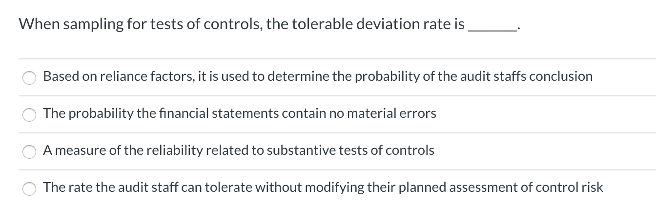 When sampling for tests of controls, the tolerable deviation rate is
