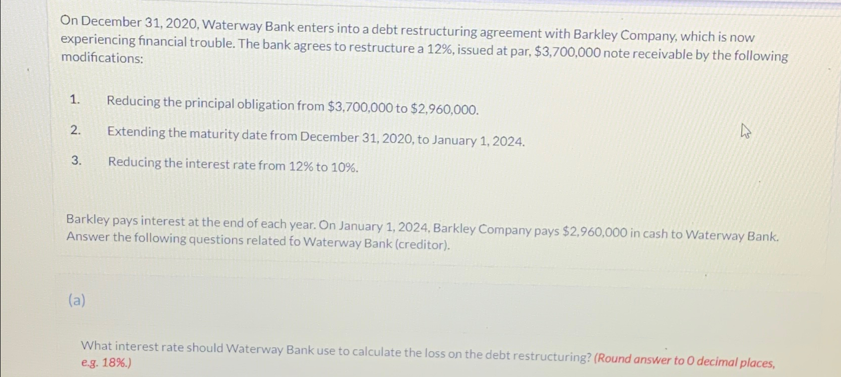  On December 31,2020, Waterway Bank enters into a debt restructuring agreement