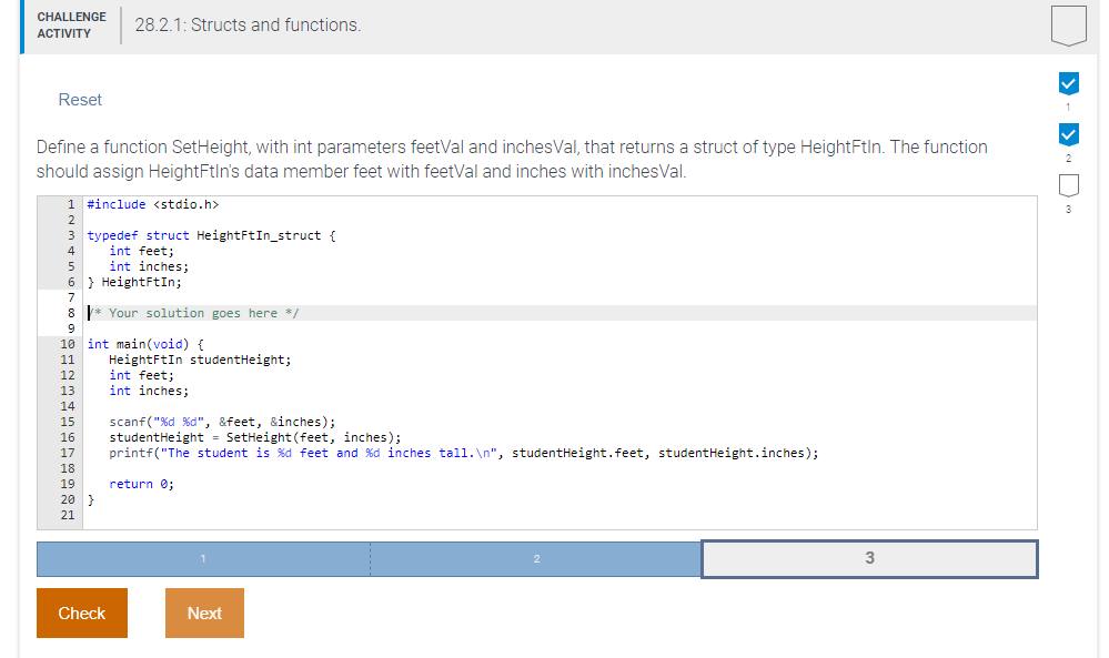 In MATLAB CHALLENGE CHA28.2.1: Structs and functions Reset Define a function SetHeight,