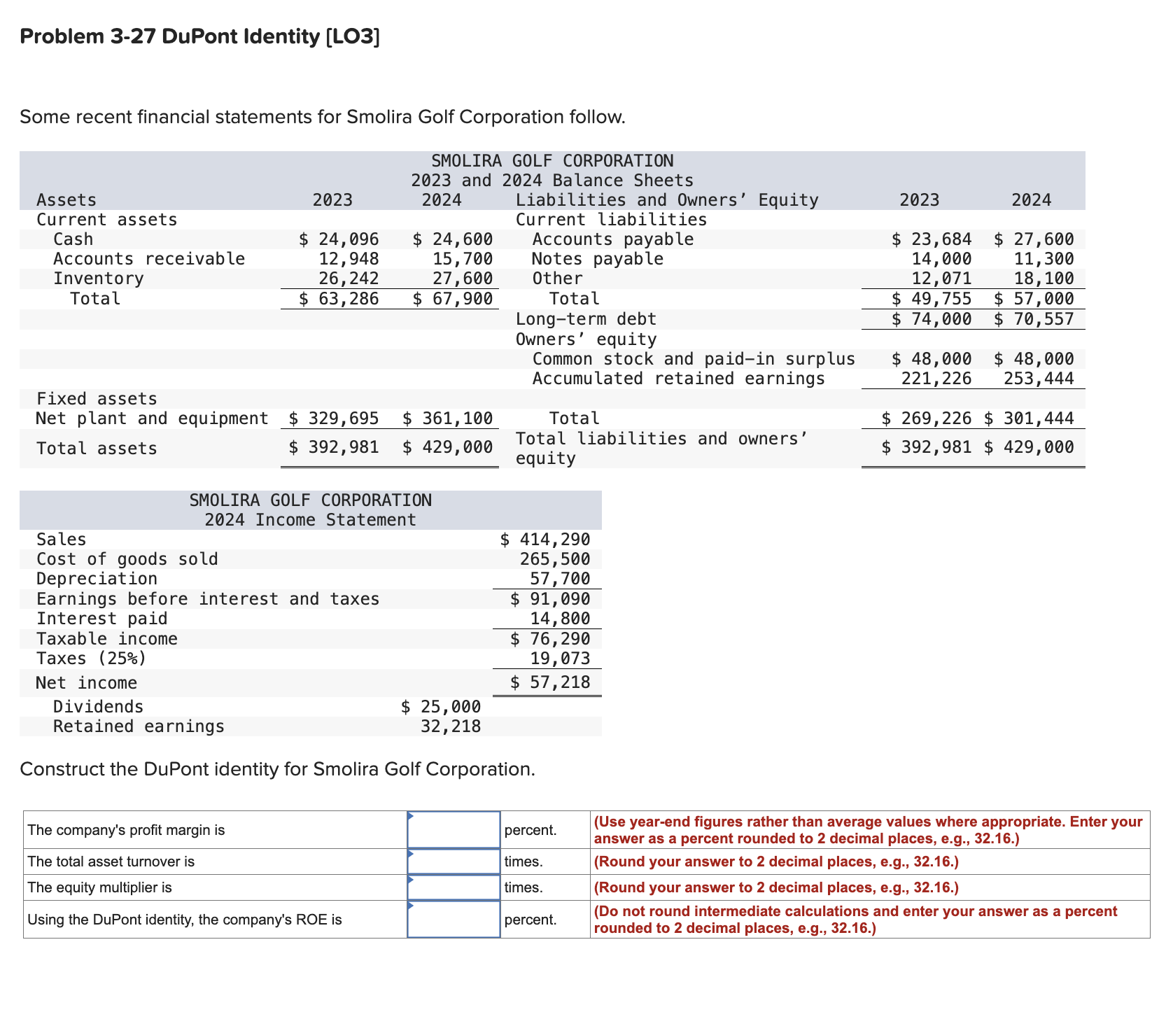  Show me the steps to solve Problem 3-27 DuPont Identity [LO3]