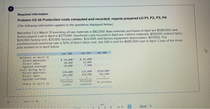  same question 1~4 Required information Problem 02-1A Production costs computed and